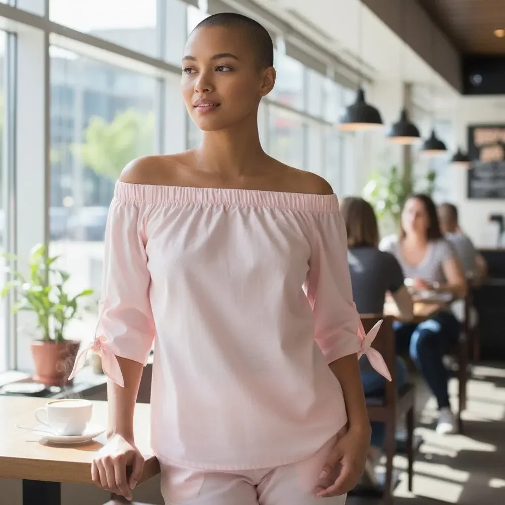 Free‎ People Bohemian Off Shoulder Pink Top Sz SM Adjustable Tie Cuffs